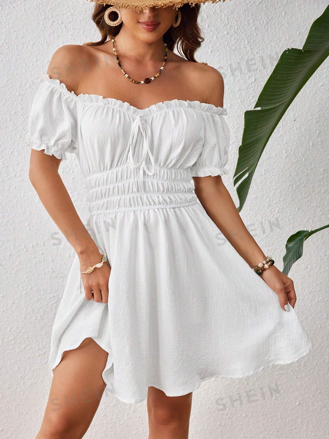 SHEIN VCAY летнее пляжное женское платье макси с одной линией плеч и оборками на талии, белый