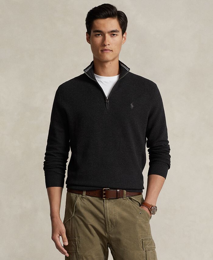 

Мужской хлопковый свитер сетчатой вязки с молнией на четверть Polo Ralph Lauren, серый
