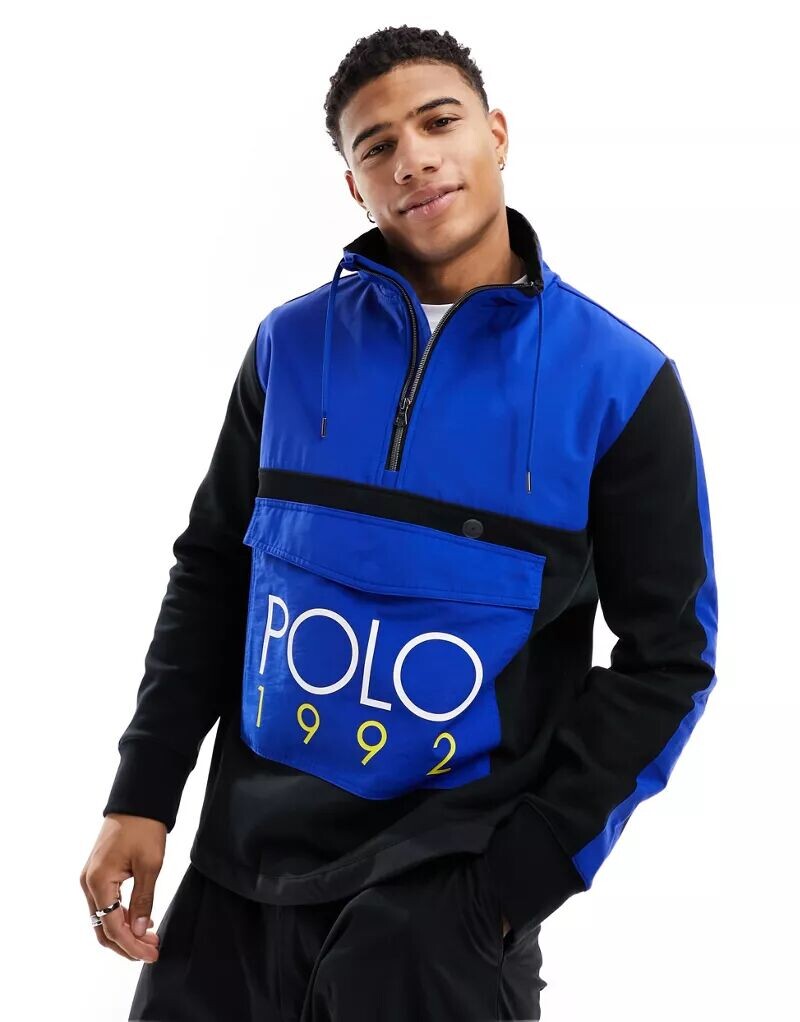 

Гибридный сине-черный свитшот Polo Ralph Lauren с колор-блоками в стиле ретро, ​​плюшевым мехом и застежкой-молнией на половину длины