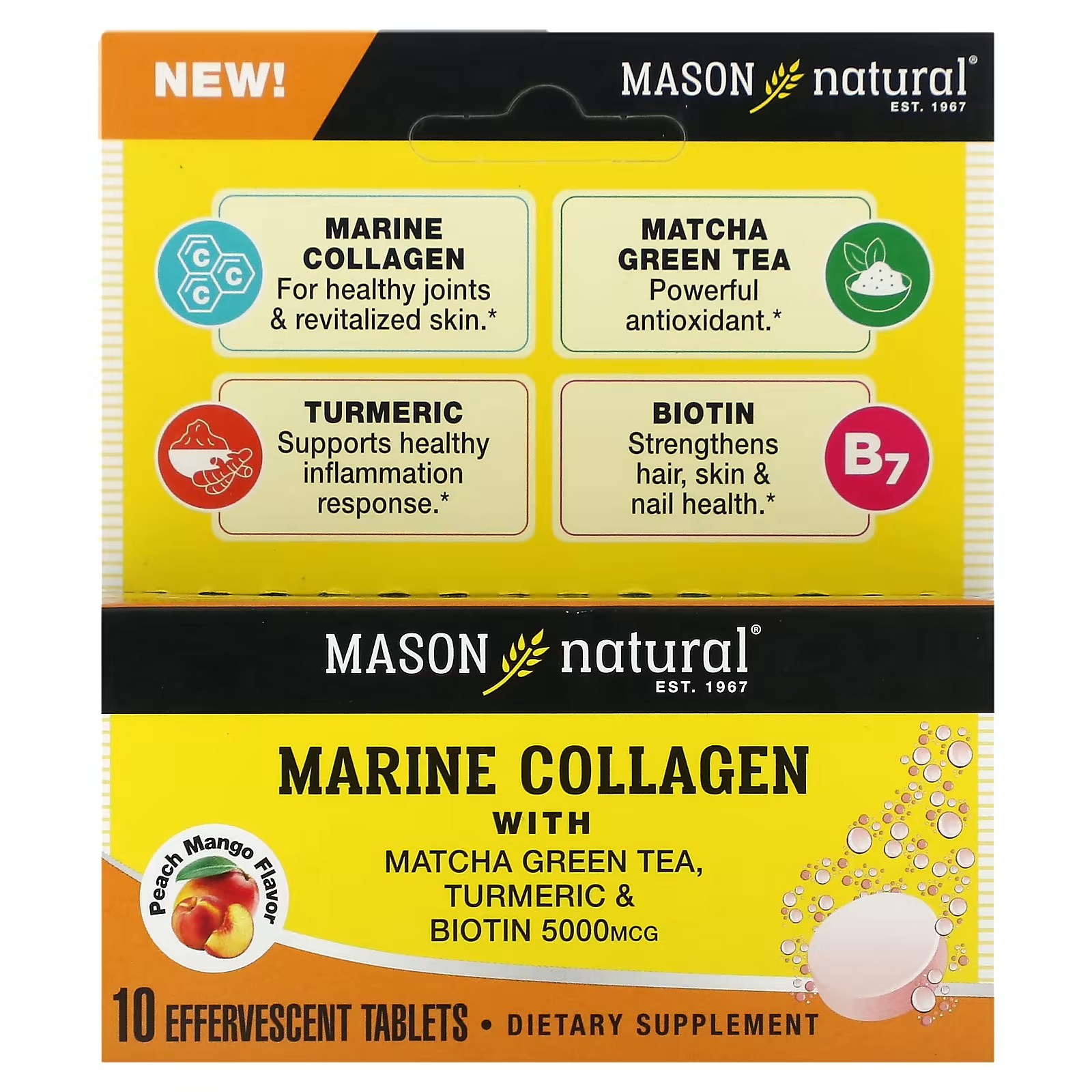 Морской коллаген Mason Natural матча-куркума-биотин-персик-манго, 10 шипучих таблеток mason natural яблочный сидр с матча 90 таблеток