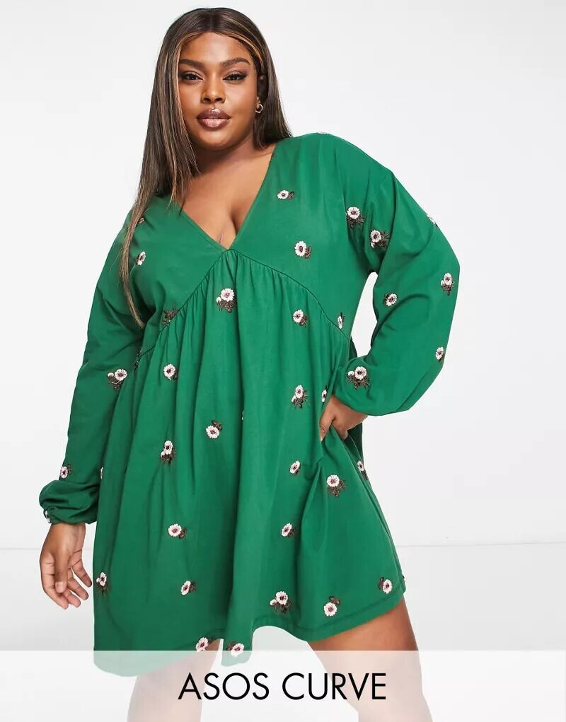 

Зеленое свободное платье мини с V-образным вырезом и вышивкой ромашками ASOS DESIGN Curve