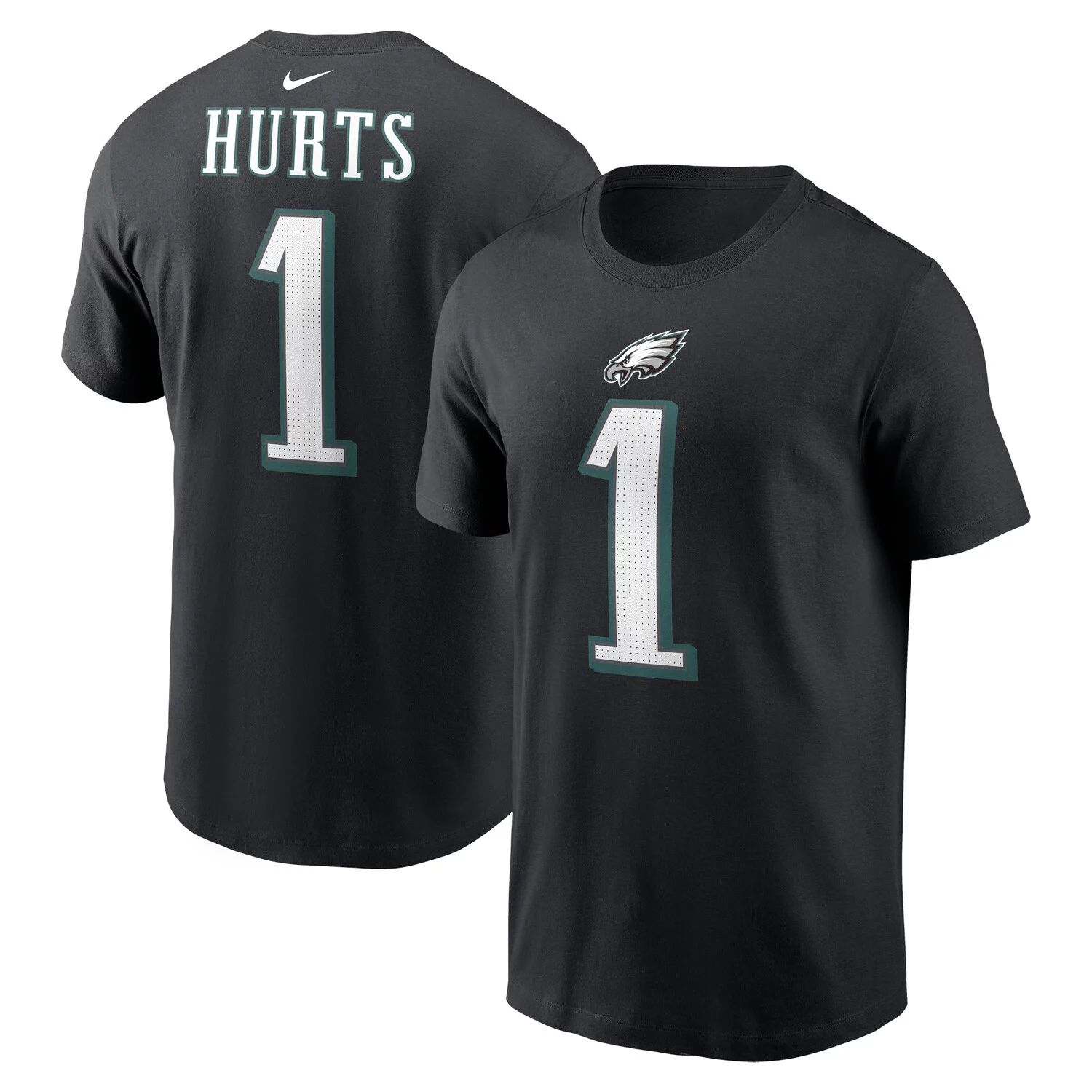 Мужская черная футболка Jalen Hurts Philadelphia Eagles с именем и номером игрока Nike