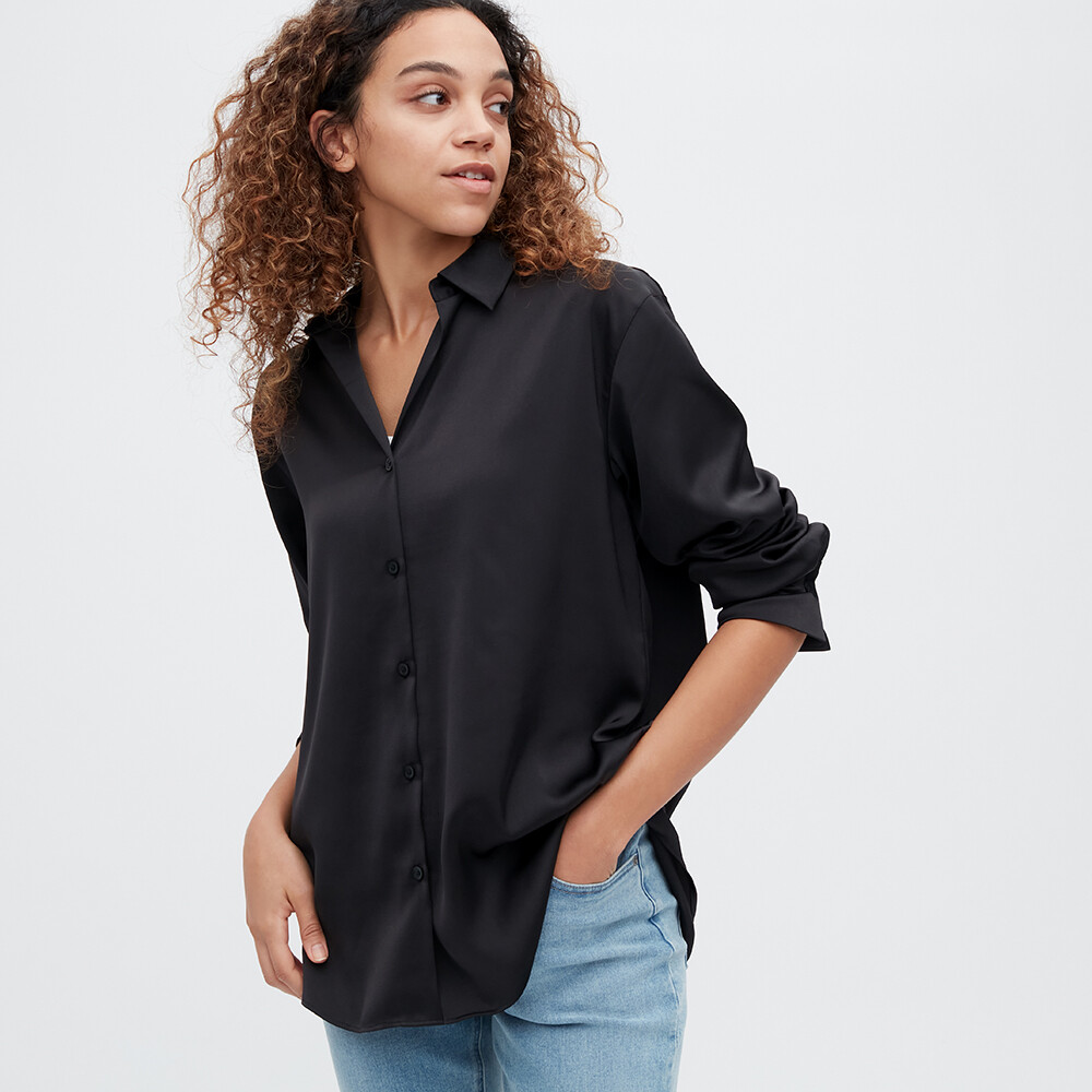 

Рубашка Uniqlo повседневная атласная с длинными рукавами, черный