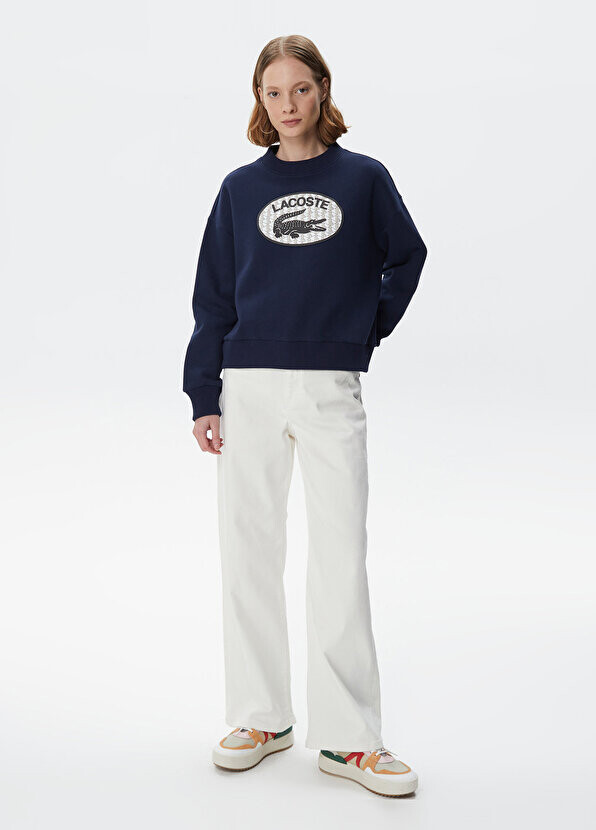 

Укороченный женский свитшот с круглым вырезом и принтом, темно-синий Lacoste