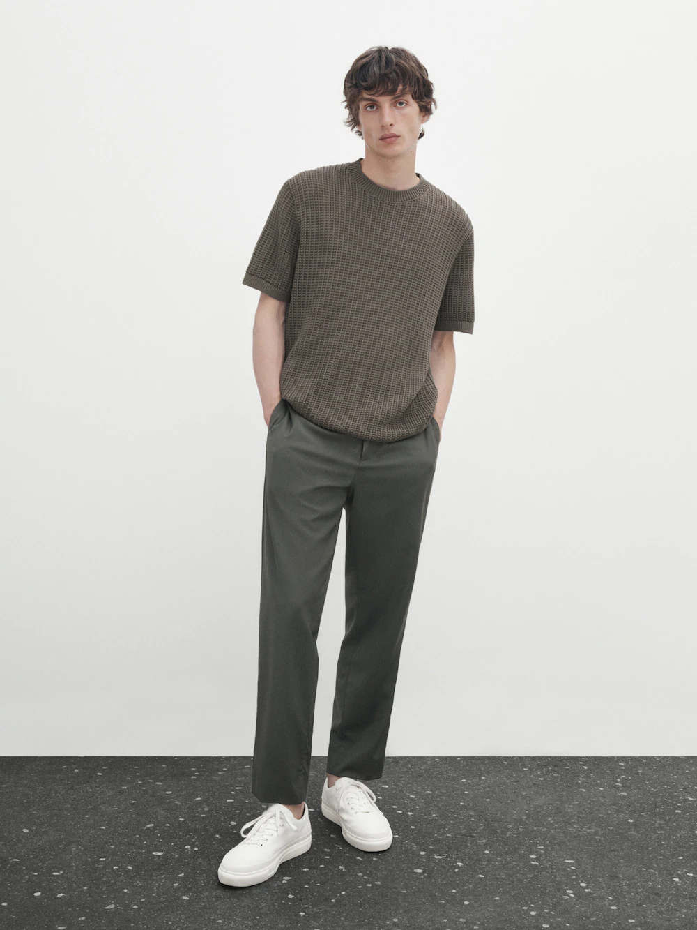 

Трикотажный свитер с коротким рукавом Massimo Dutti, хаки