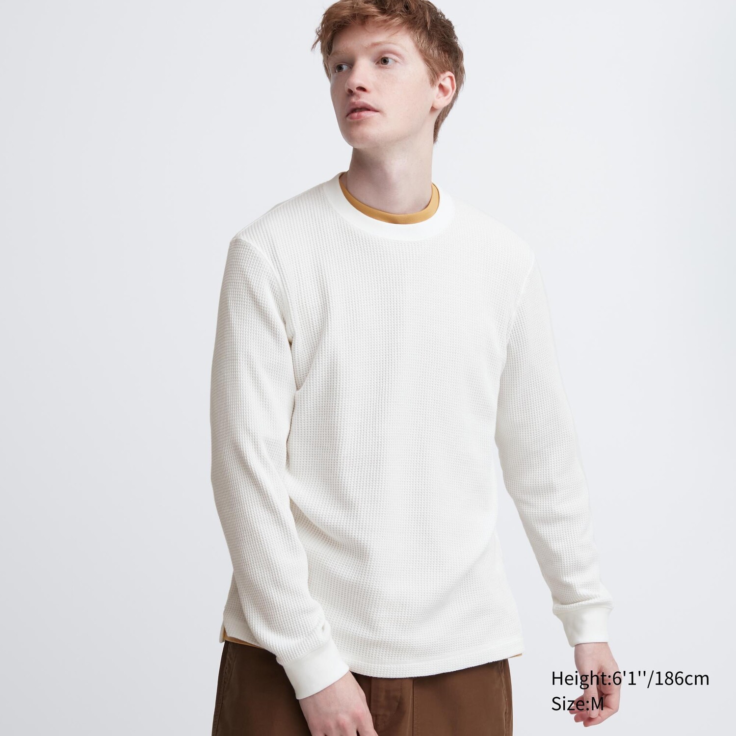 

Вафельная футболка с круглым вырезом и длинными рукавами Uniqlo, кремовый, Бежевый