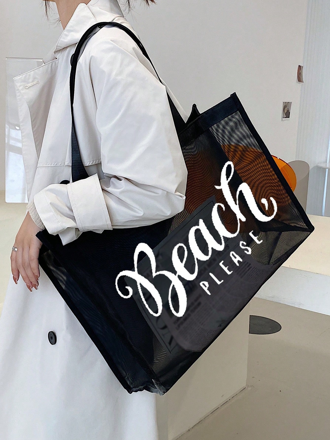Модная сетчатая сумка большой емкости с буквенным декором для хранения на пляже и покупок для девочек-подростков, черный