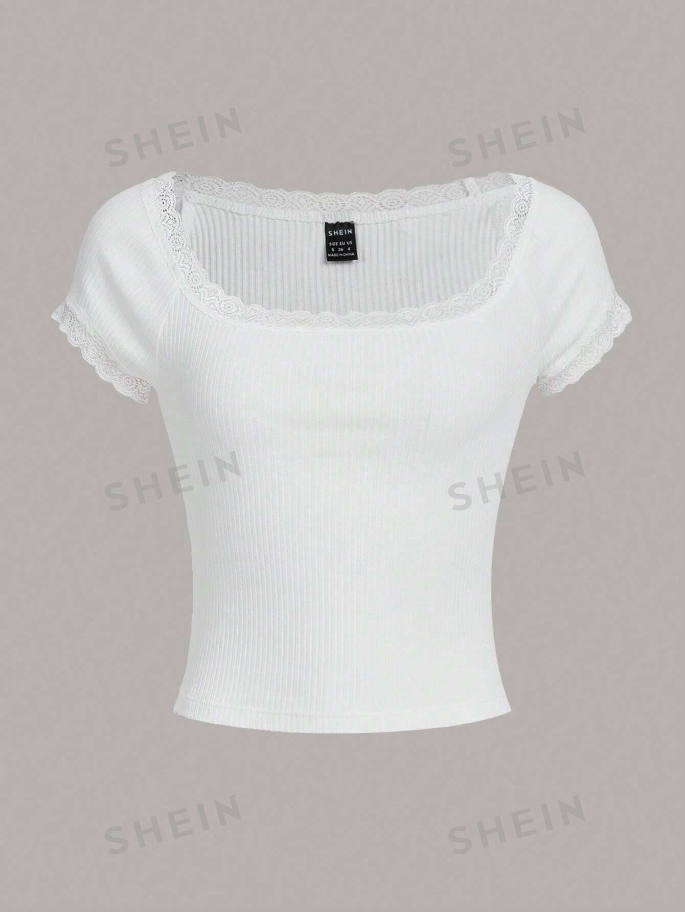 SHEIN Qutie Женская трикотажная футболка с короткими рукавами и кружевным краем, белый цена и фото