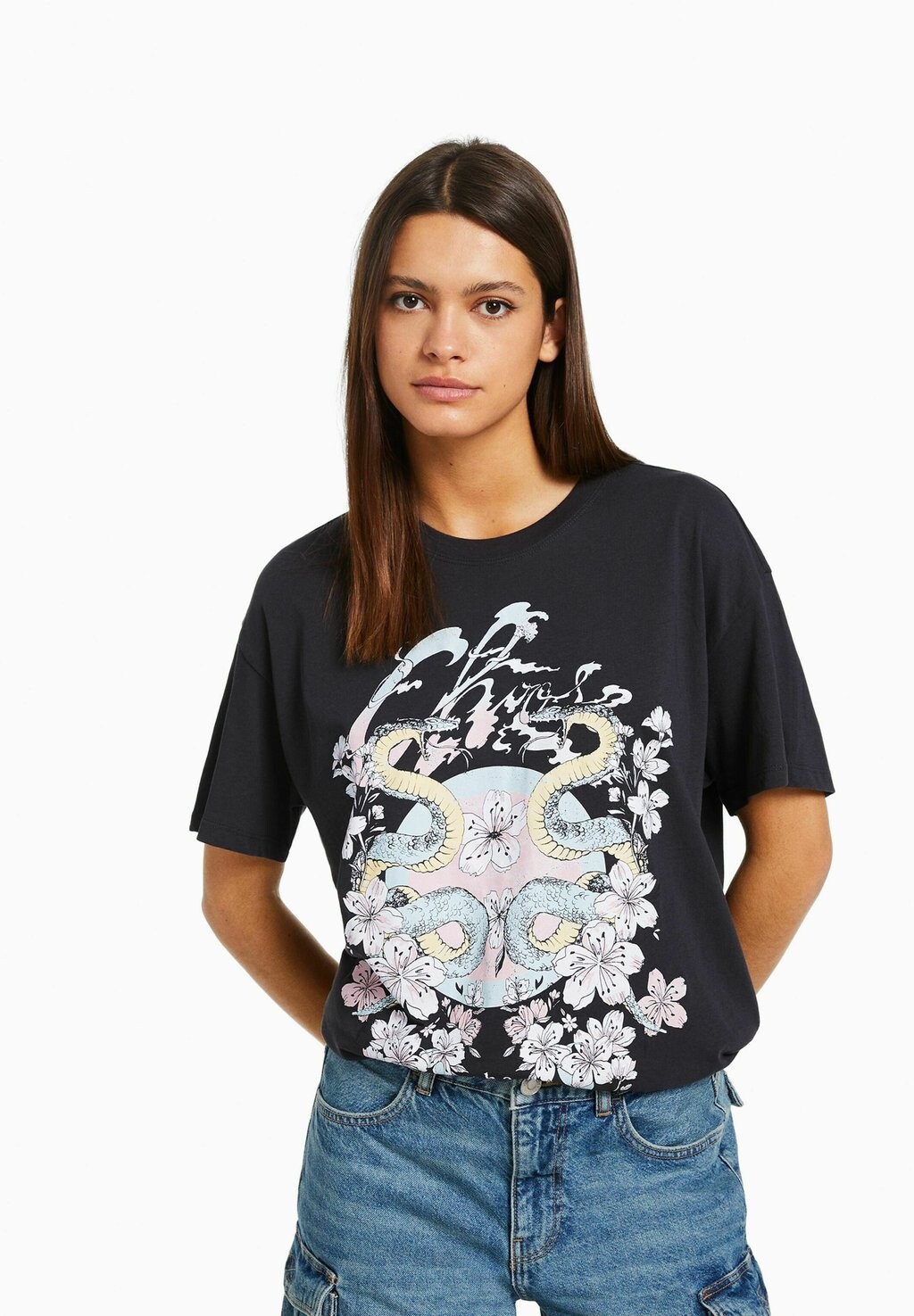 

Футболка с принтом Bershka, черный