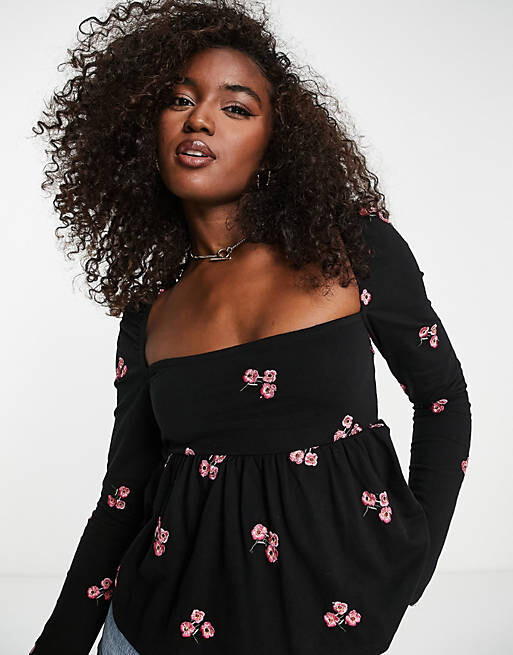 

Черный топ с квадратным вырезом и красной цветочной вышивкой ASOS DESIGN