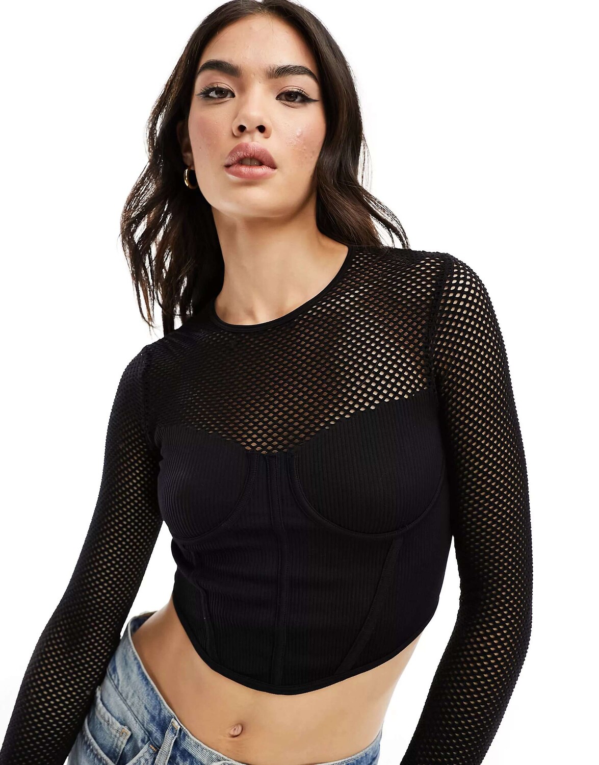 

Черный топ из открытой сетки с длинными рукавами Bershka