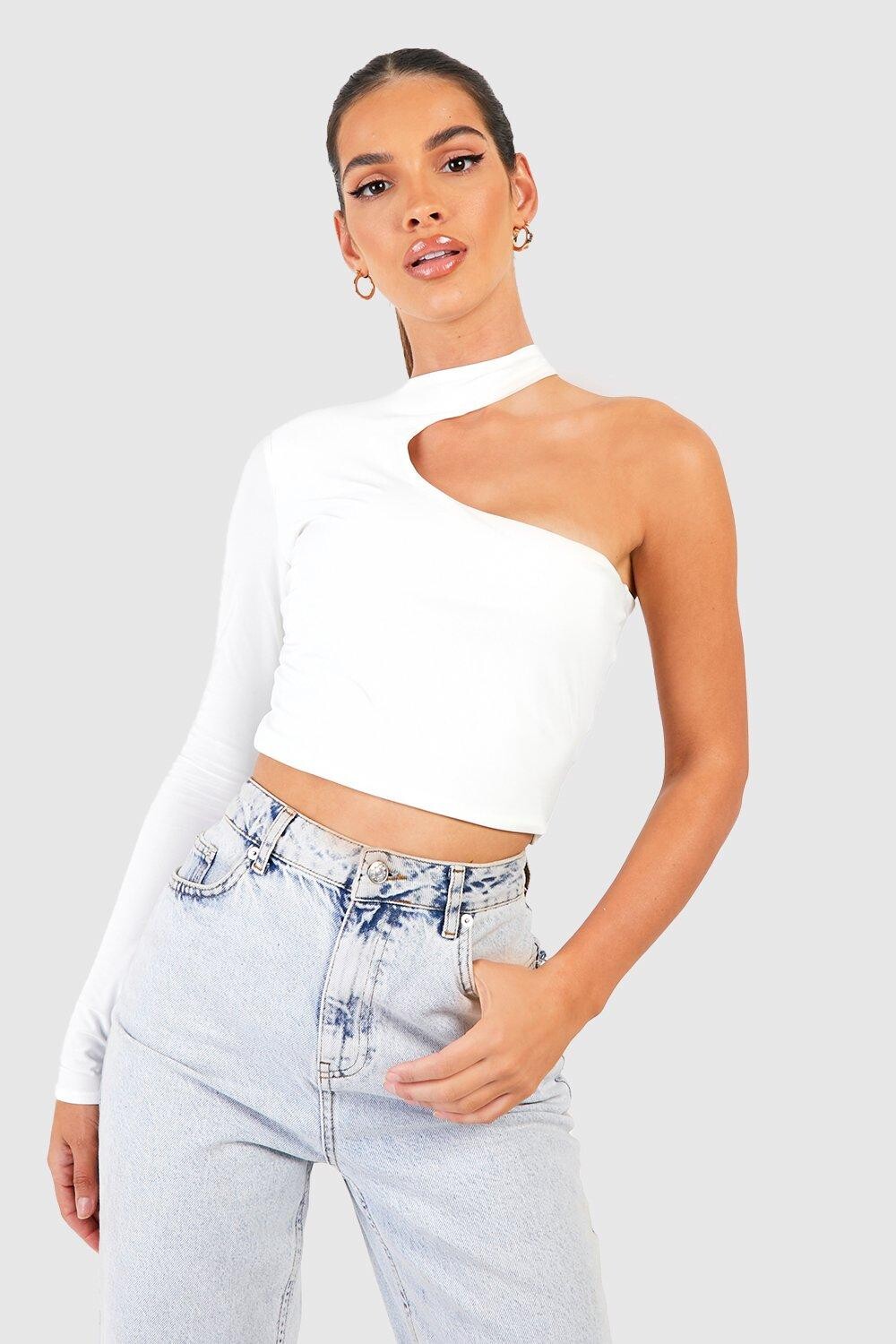 

Асимметричный двухслойный укороченный топ на одно плечо Boohoo, белый