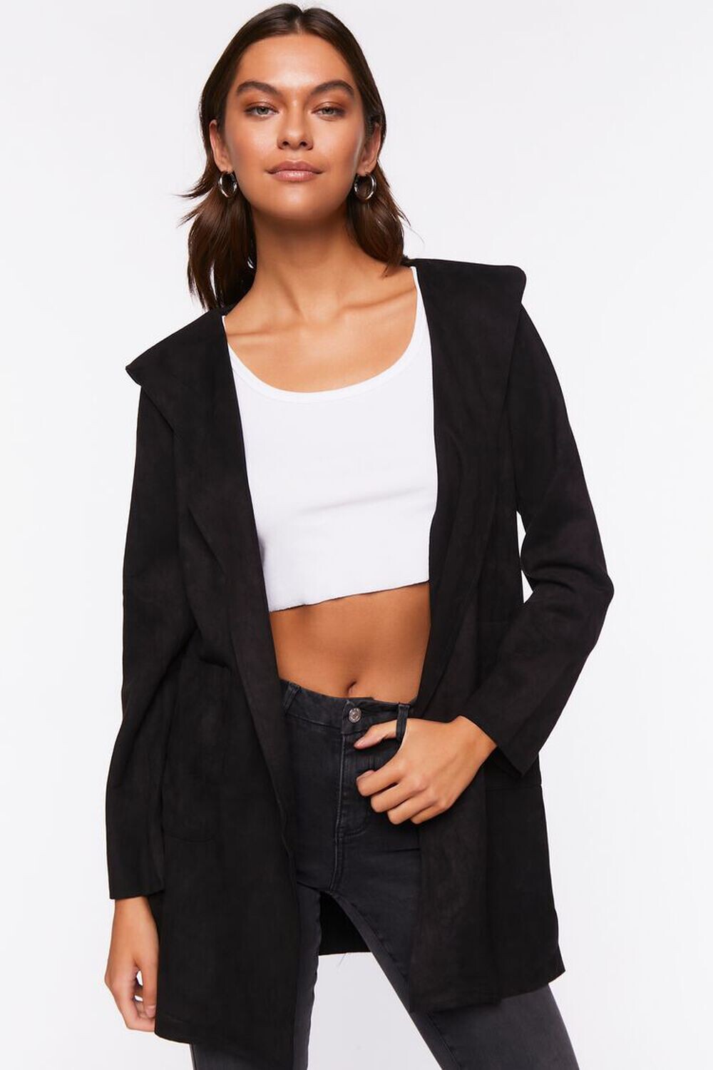 

Длинная куртка из искусственной замши с капюшоном Forever 21, черный