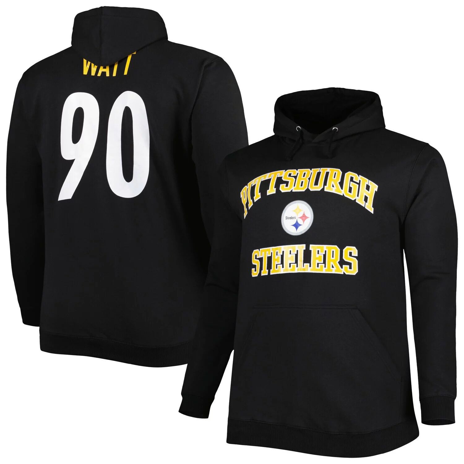 

Мужской черный флисовый пуловер с капюшоном TJ Watt Pittsburgh Steelers Big & Tall с именем и номером Fanatics