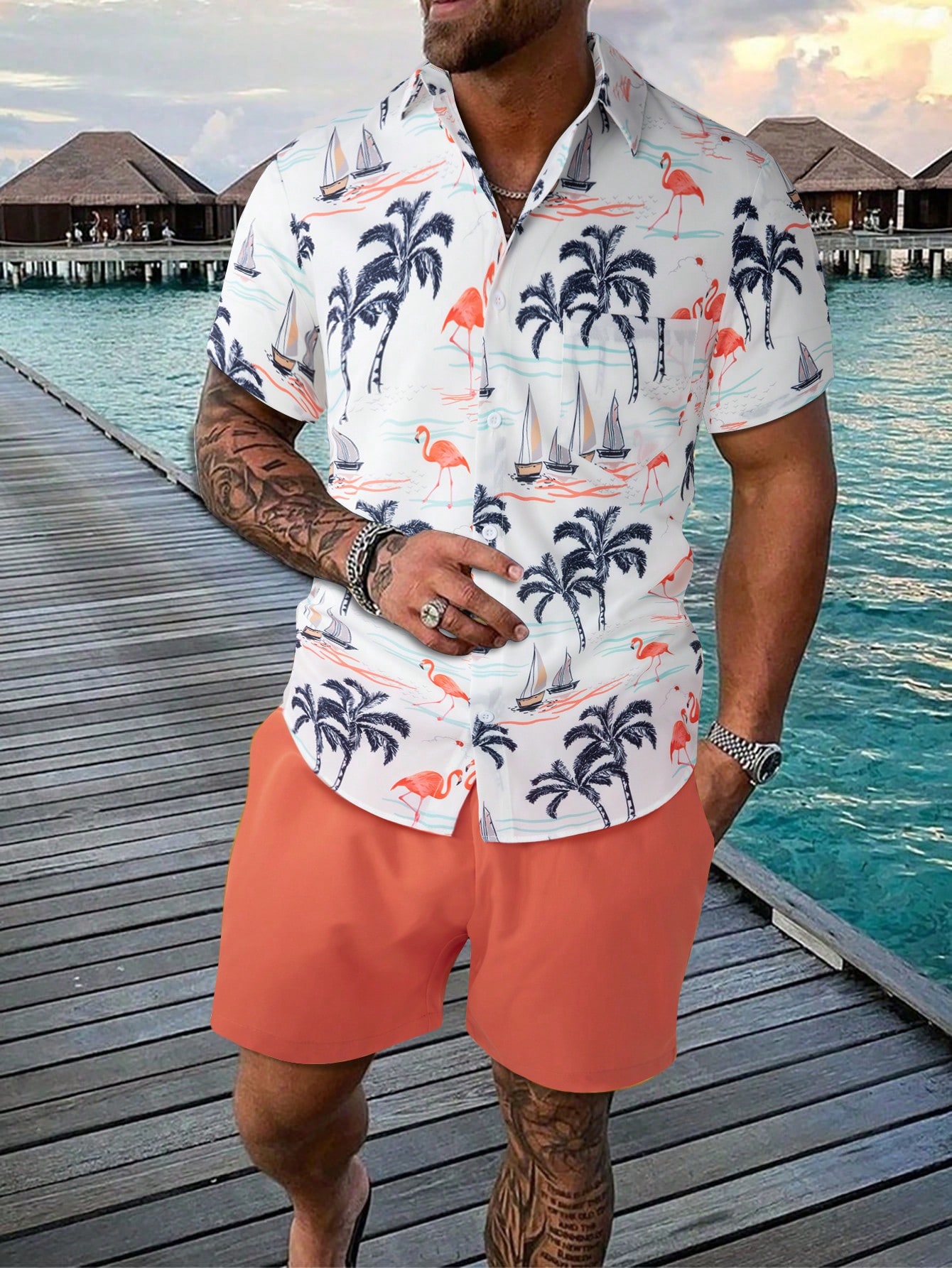Мужская рубашка с короткими рукавами и принтом кокосовой пальмы Manfinity RSRT, многоцветный