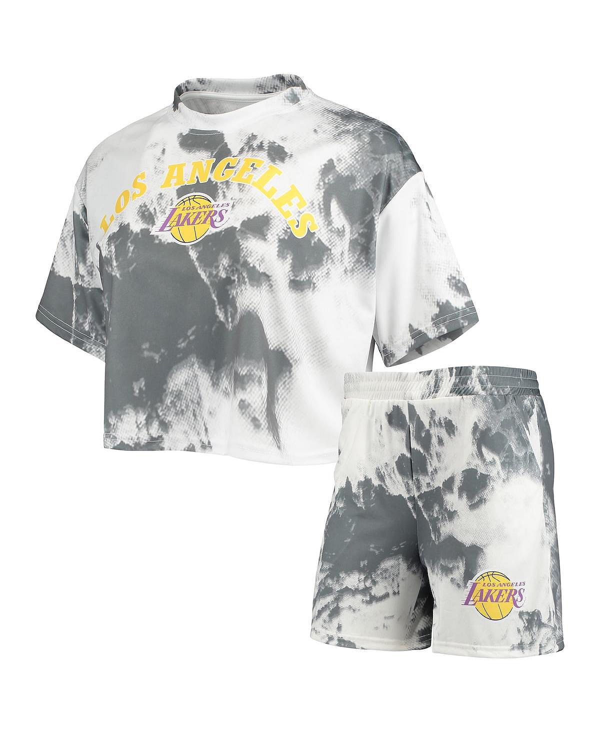 цена Женский бело-черный комплект из укороченного топа и шорт Los Angeles Lakers с принтом тай-дай NBA Exclusive Collection