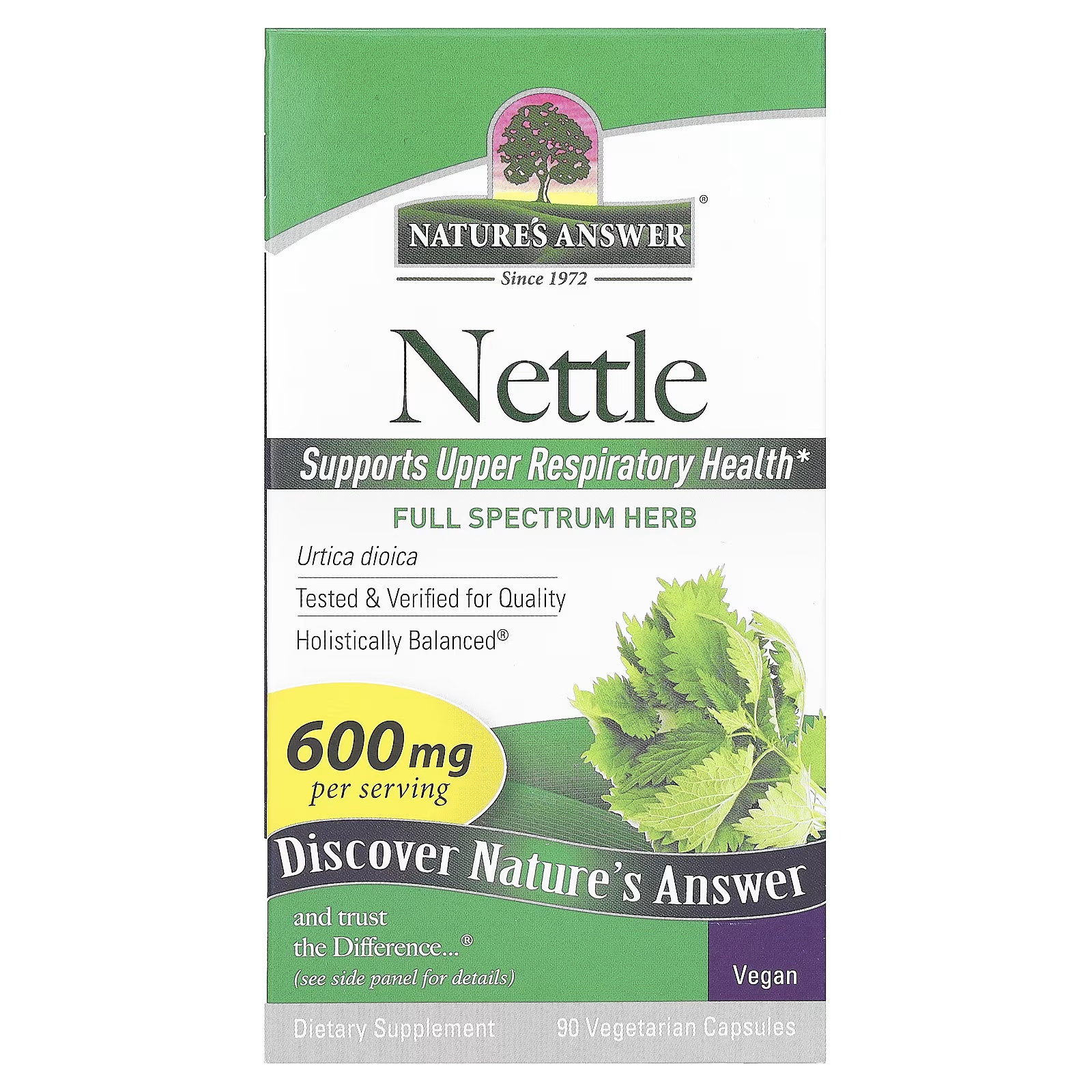 Крапива Nature's Answer 600 мг, 90 капсул шалфей в таблетках здравсити для верхних дыхательных путей 20 шт