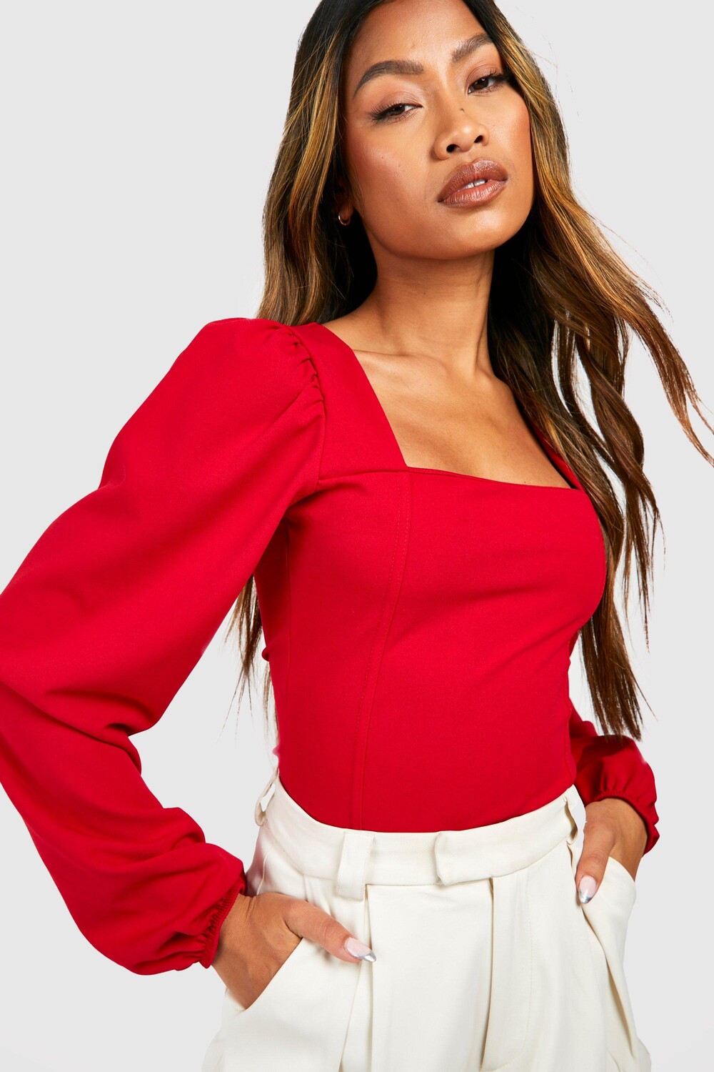 

Корсетовый топ с длинным рукавом Boohoo, красный