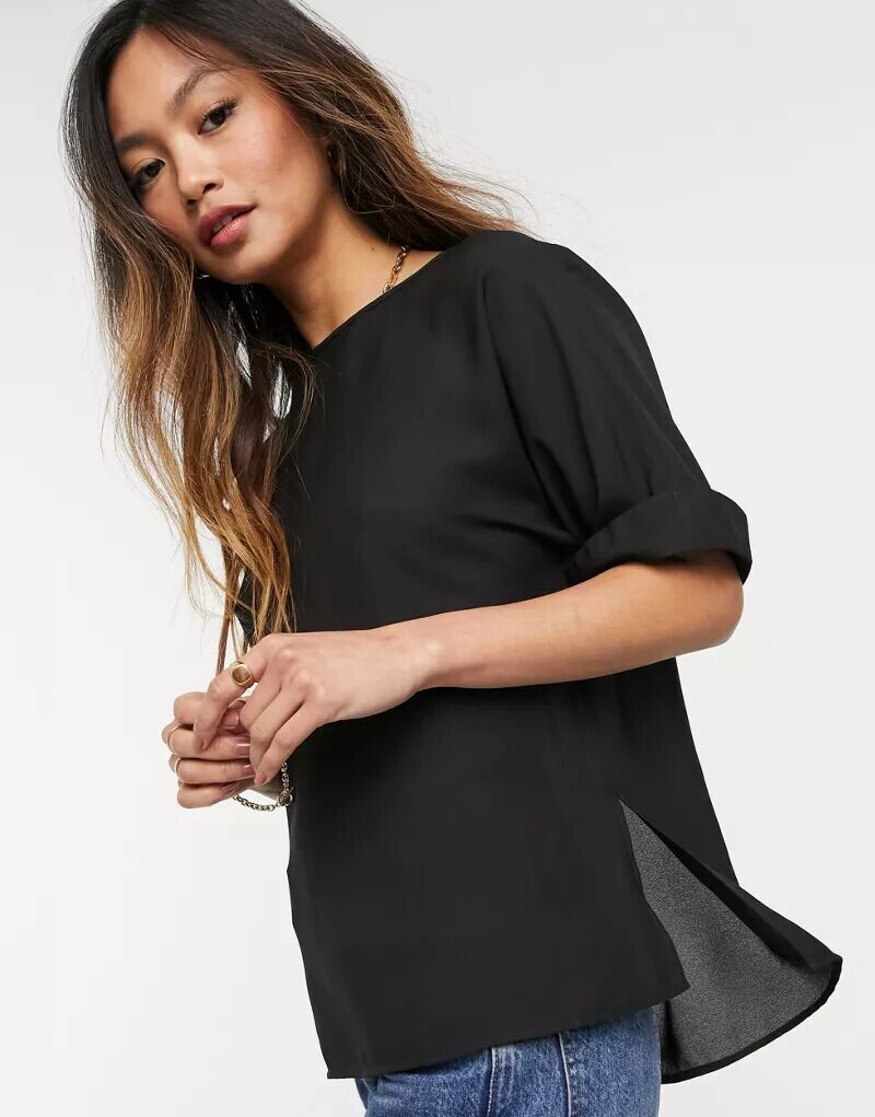 

Черная тканая футболка оверсайз с закатанными рукавами ASOS