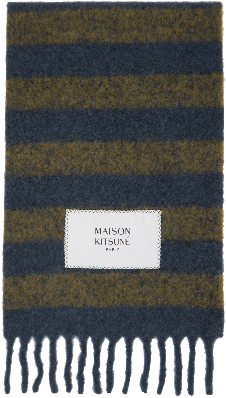

Шарф в полоску хаки и темно-синего цвета Чернильный синий Maison Kitsune