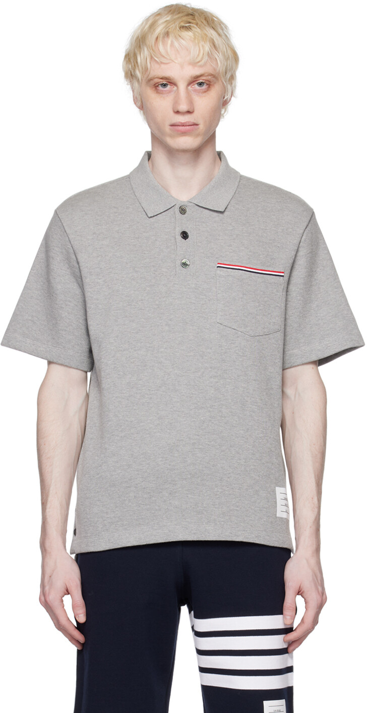 

Серая футболка-поло с нашивками Thom Browne, цвет Light grey