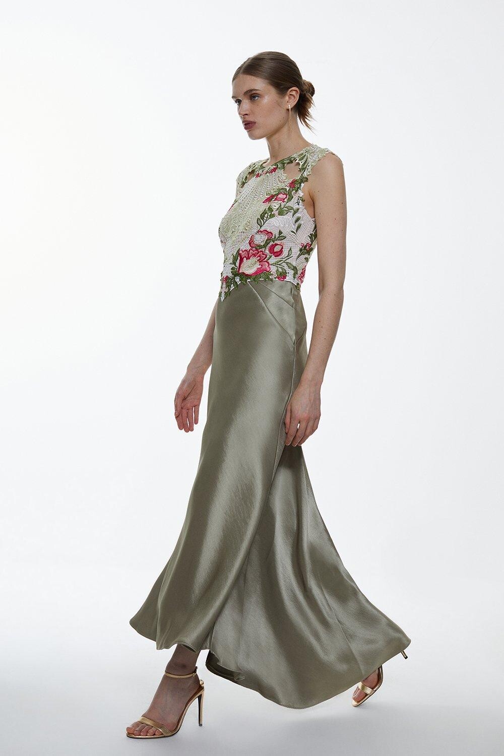

Миниатюрное гипюровое кружевное атласное платье макси Karen Millen, зеленый