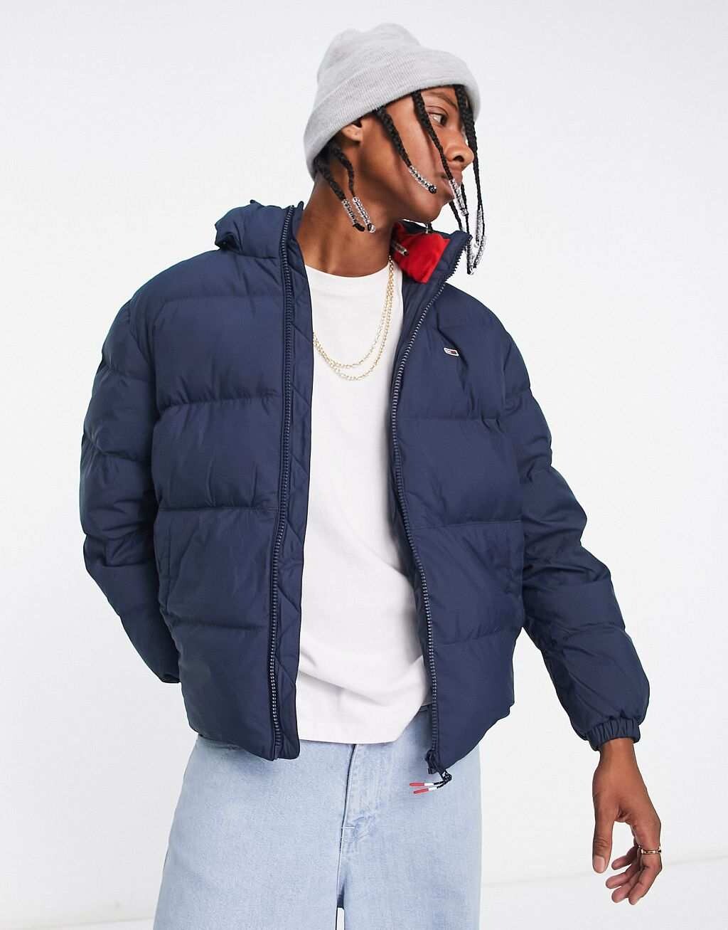 

Темно-синяя куртка-пуховик из полиэстера с капюшоном Tommy Jeans, Синий