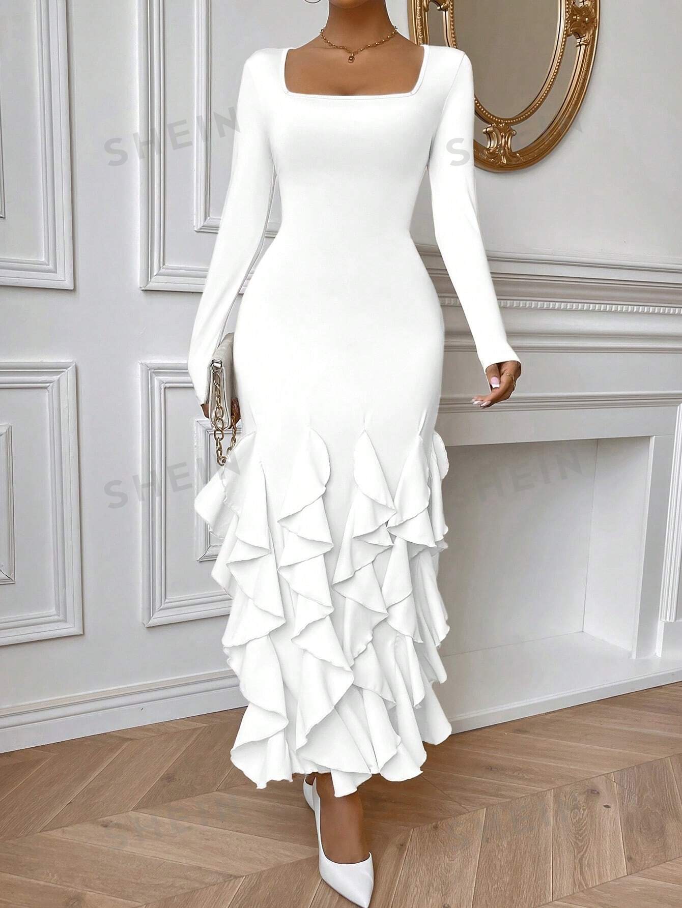 цена SHEIN Privé женское однотонное облегающее платье с оборками и рыбьим хвостом, белый