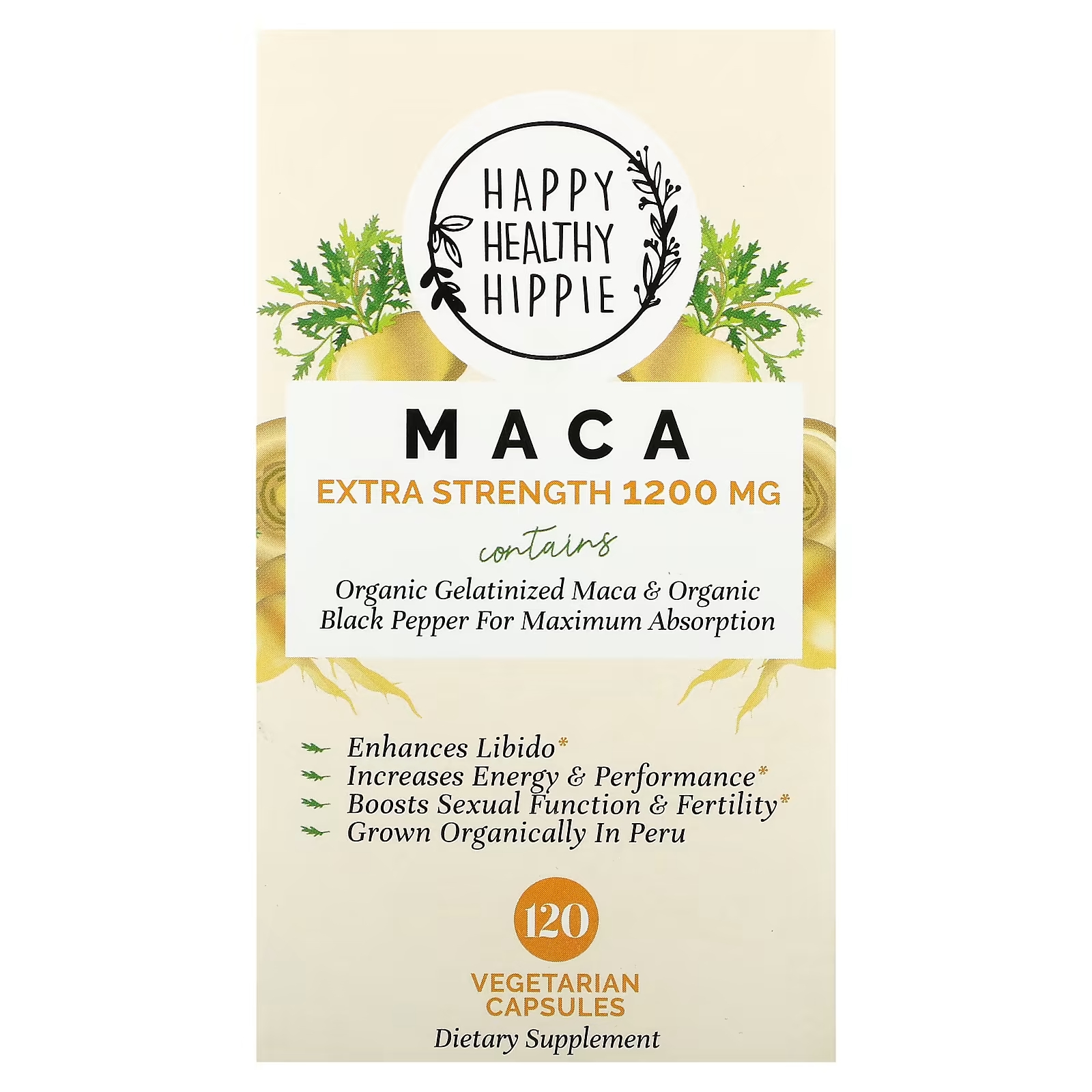Happy Healthy Hippie Maca Extra Strength, 1200 мг, 120 вегетарианских капсул (600 мг на капсулу)