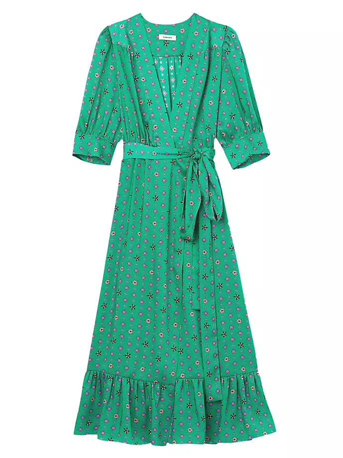 

Атласное платье с принтом Sandro, цвет green pink