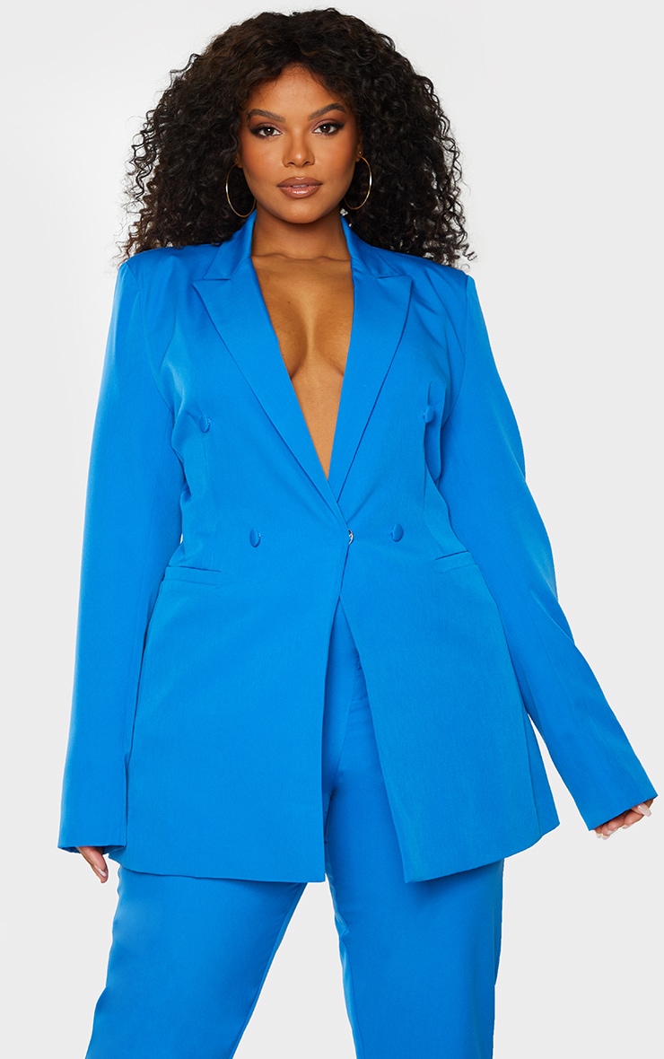 цена PrettyLittleThing Синий двубортный тканый пиджак Plus