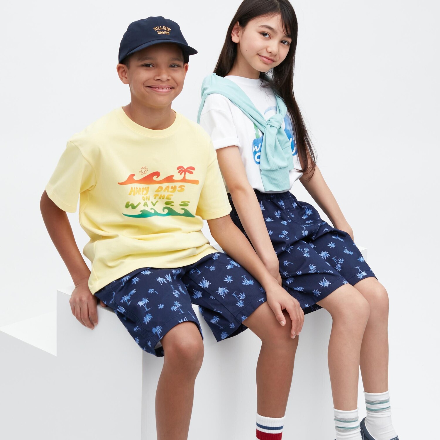 

Детские хлопковые шорты с эластичным принтом Easy Uniqlo, темно-синий