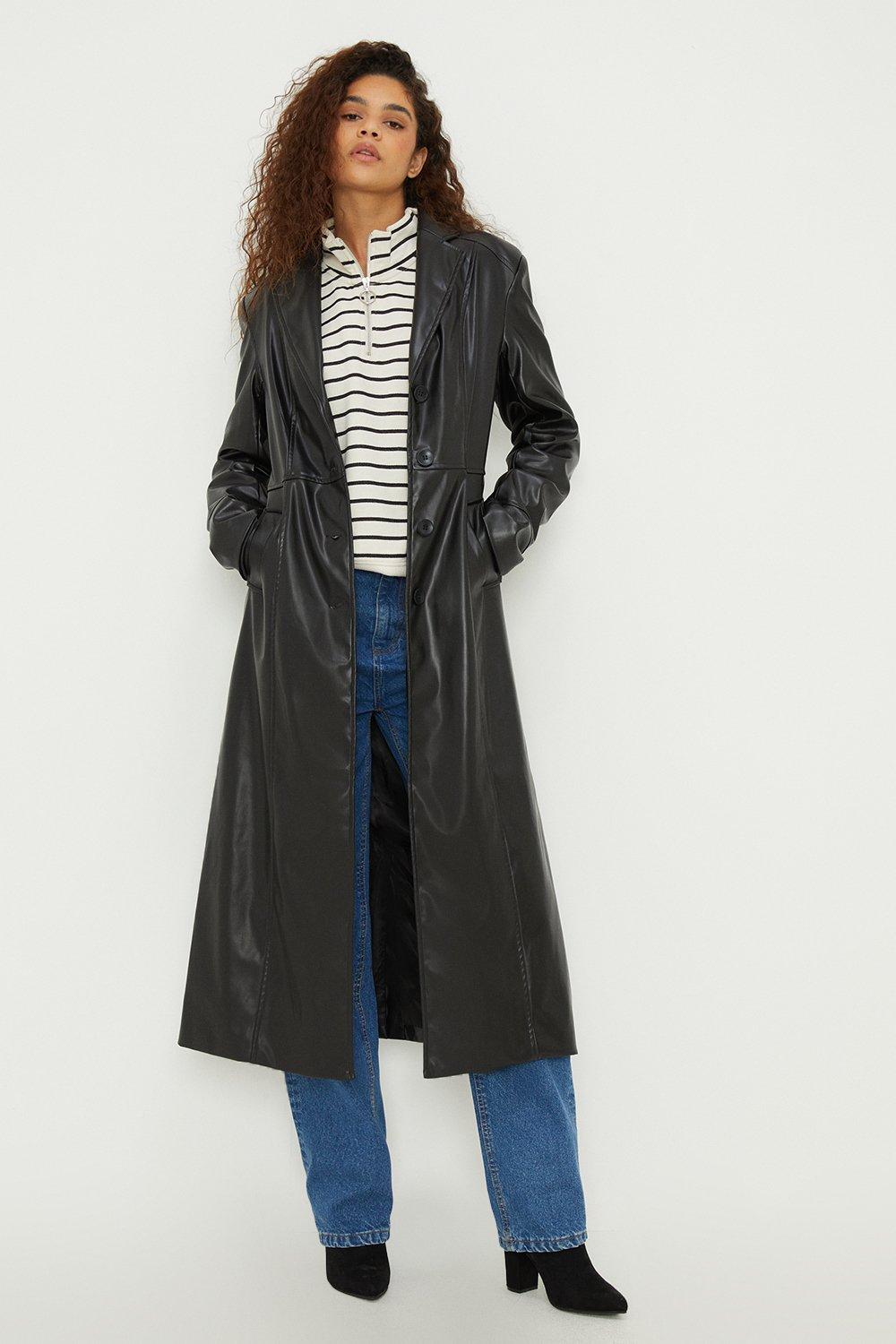 Длинное приталенное пальто из искусственной кожи Dorothy Perkins, черный цена и фото