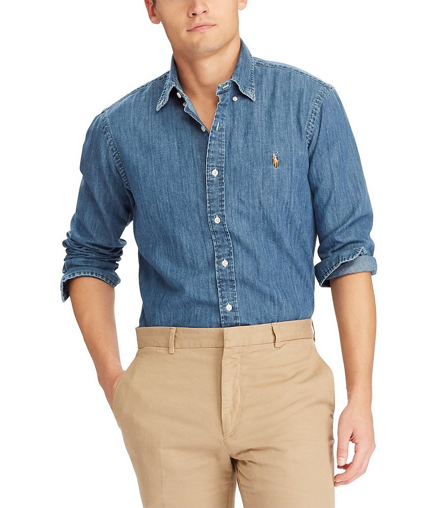 Однотонная джинсовая рубашка классического кроя Polo Ralph Lauren, синий джинсовая мужская рубашка классического кроя dustin синий