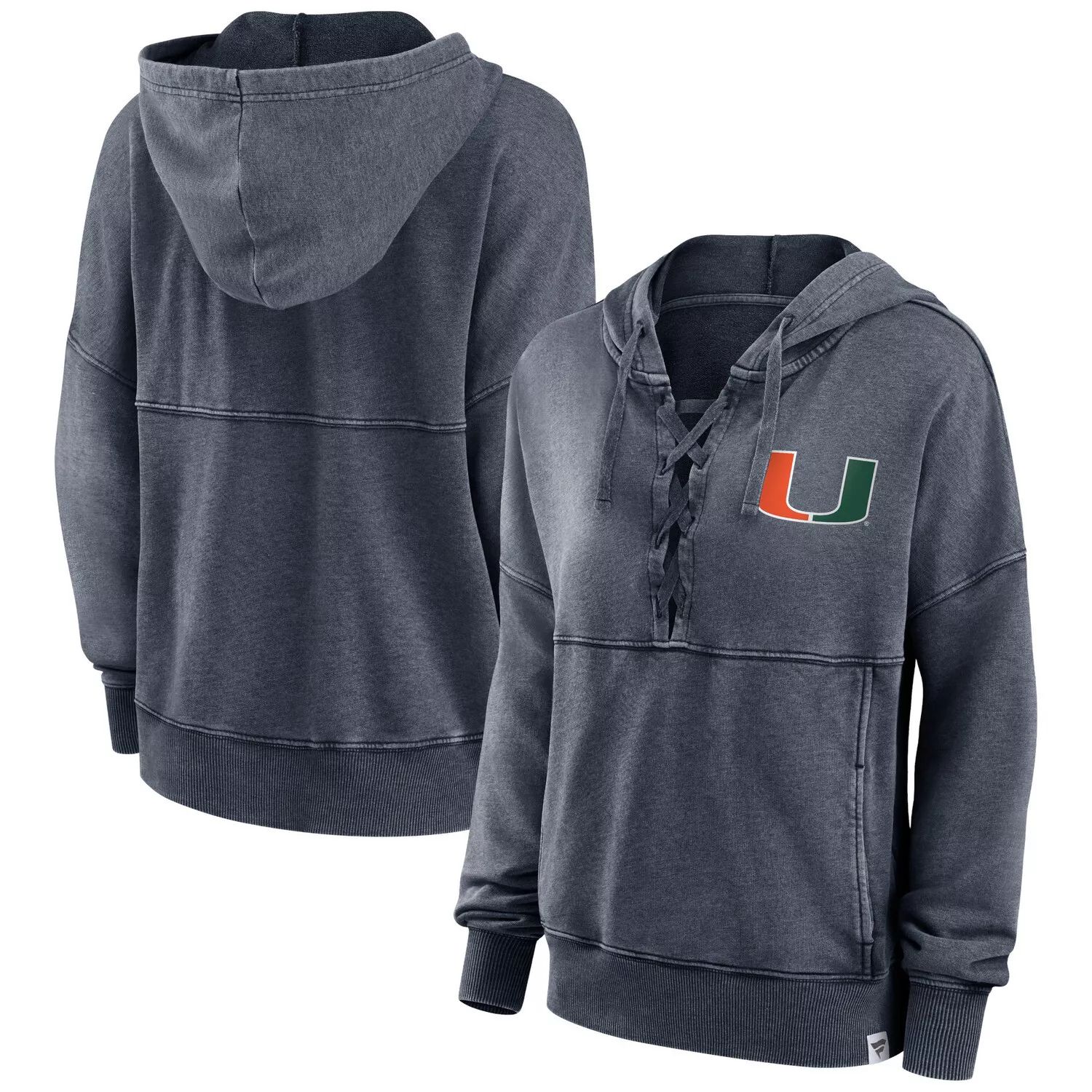 цена Женский пуловер с капюшоном на шнуровке Fanatics, темно-серый, с принтом «Miami Hurricanes», пуловер с капюшоном Fanatics