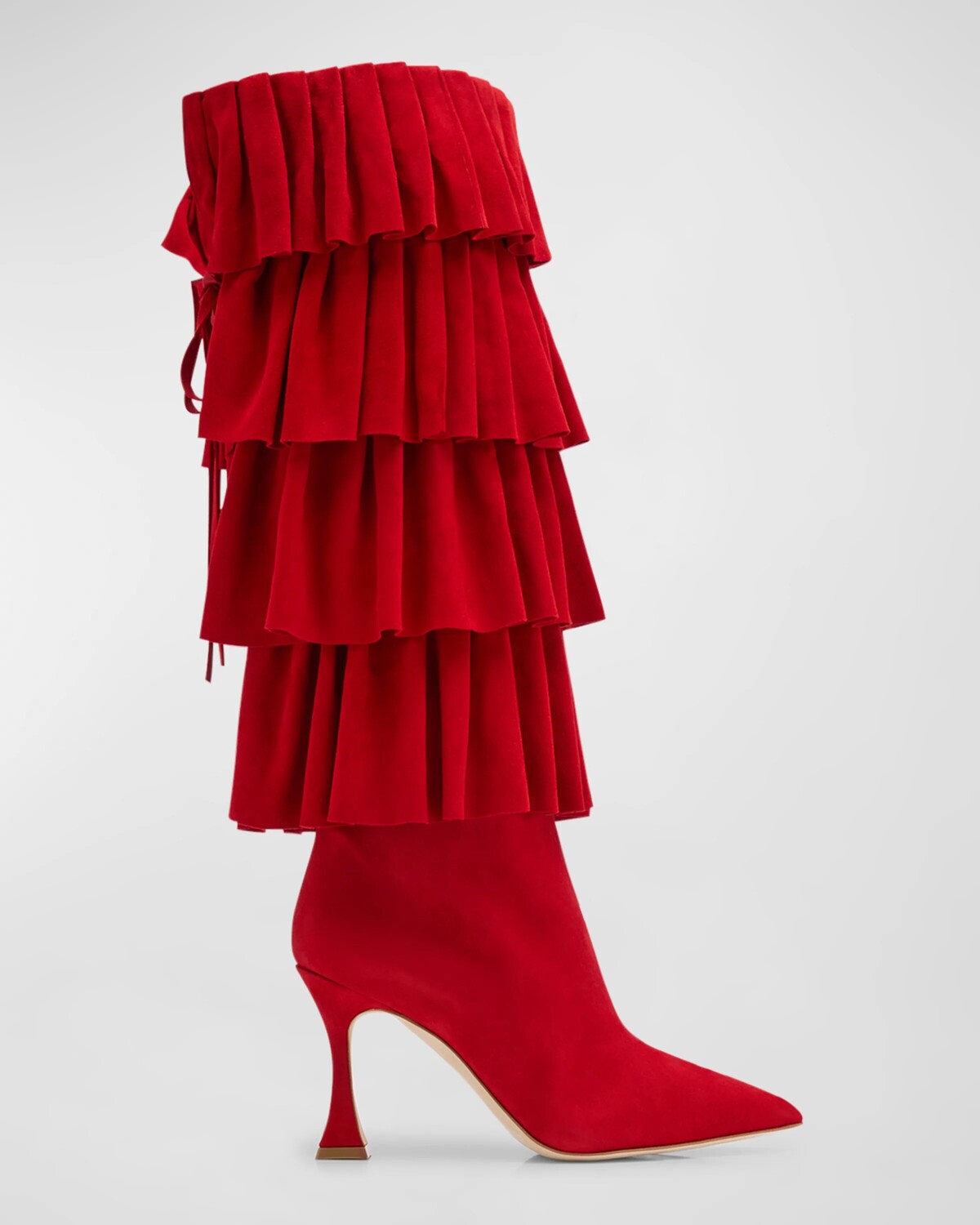 

Замшевые сапоги до колена Miralone с рюшами Manolo Blahnik, красный