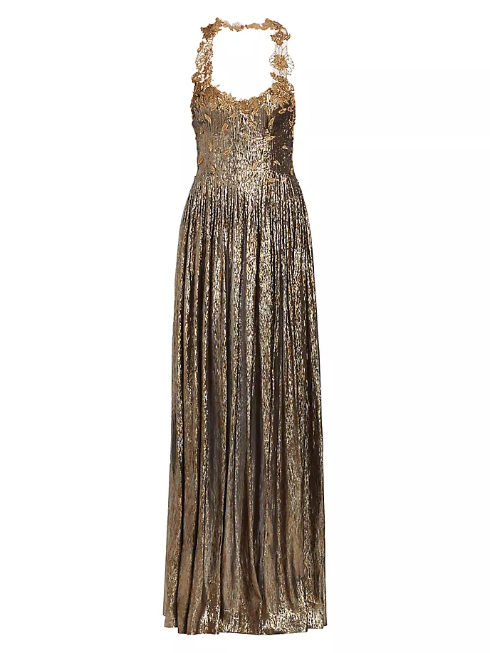 Платье Lamé Mousseline с кристаллами подсолнуха Oscar De La Renta, цвет dark gold
