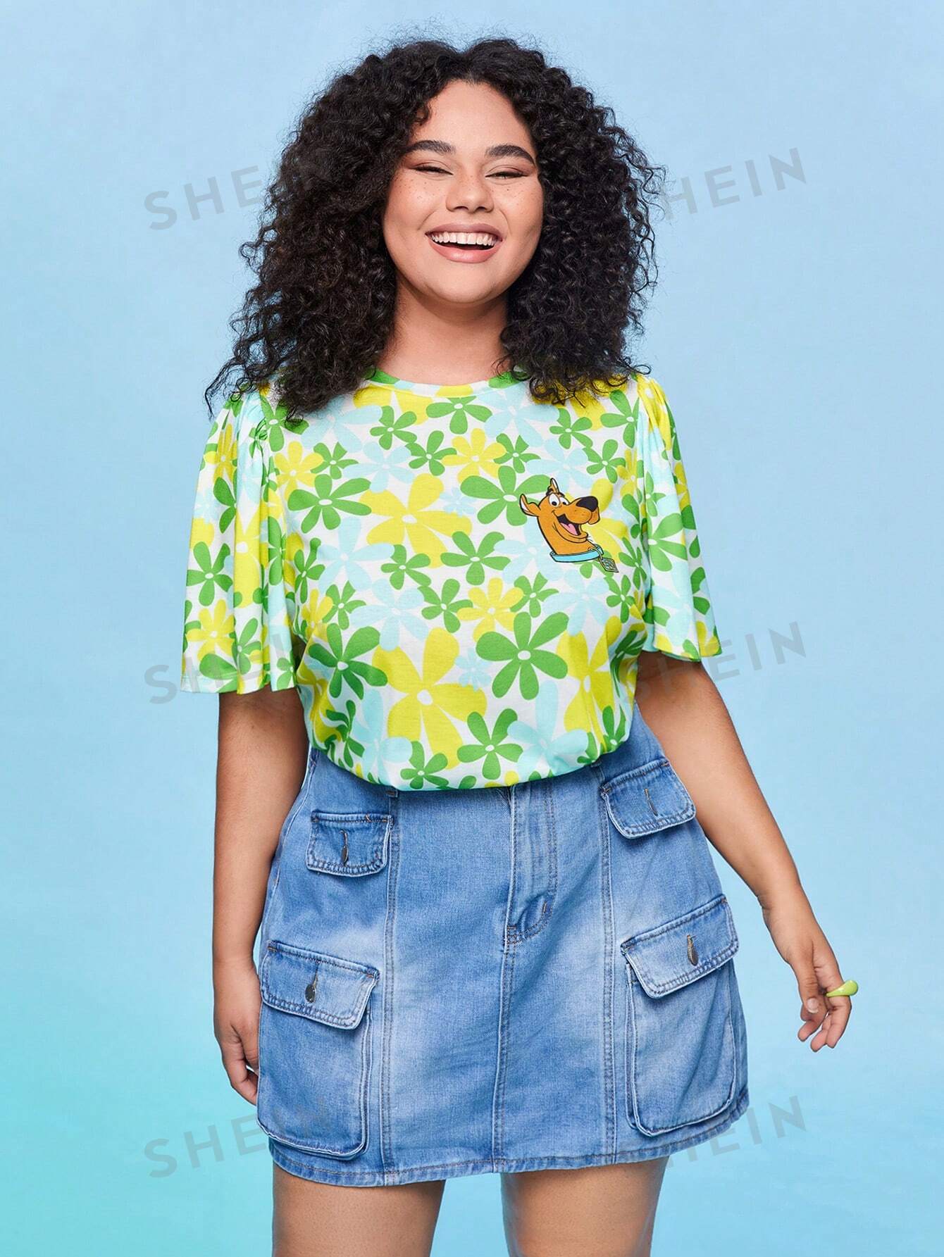 SHEIN Женская футболка больших размеров с цветочным принтом и круглым вырезом, зеленый