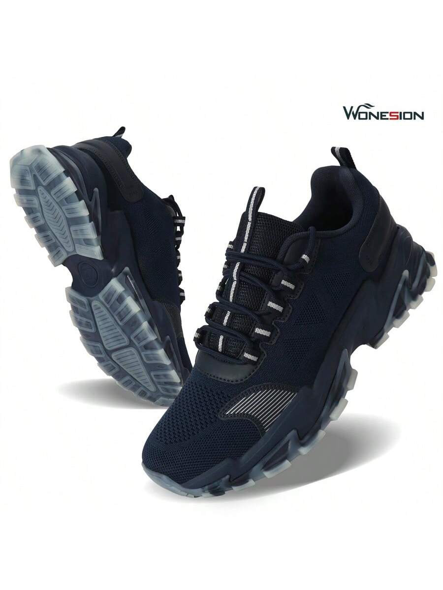 Wonesion Мужские прогулочные кроссовки Нескользящие спортивные теннисные дышащие модные кроссовки, темно-синий фотографии