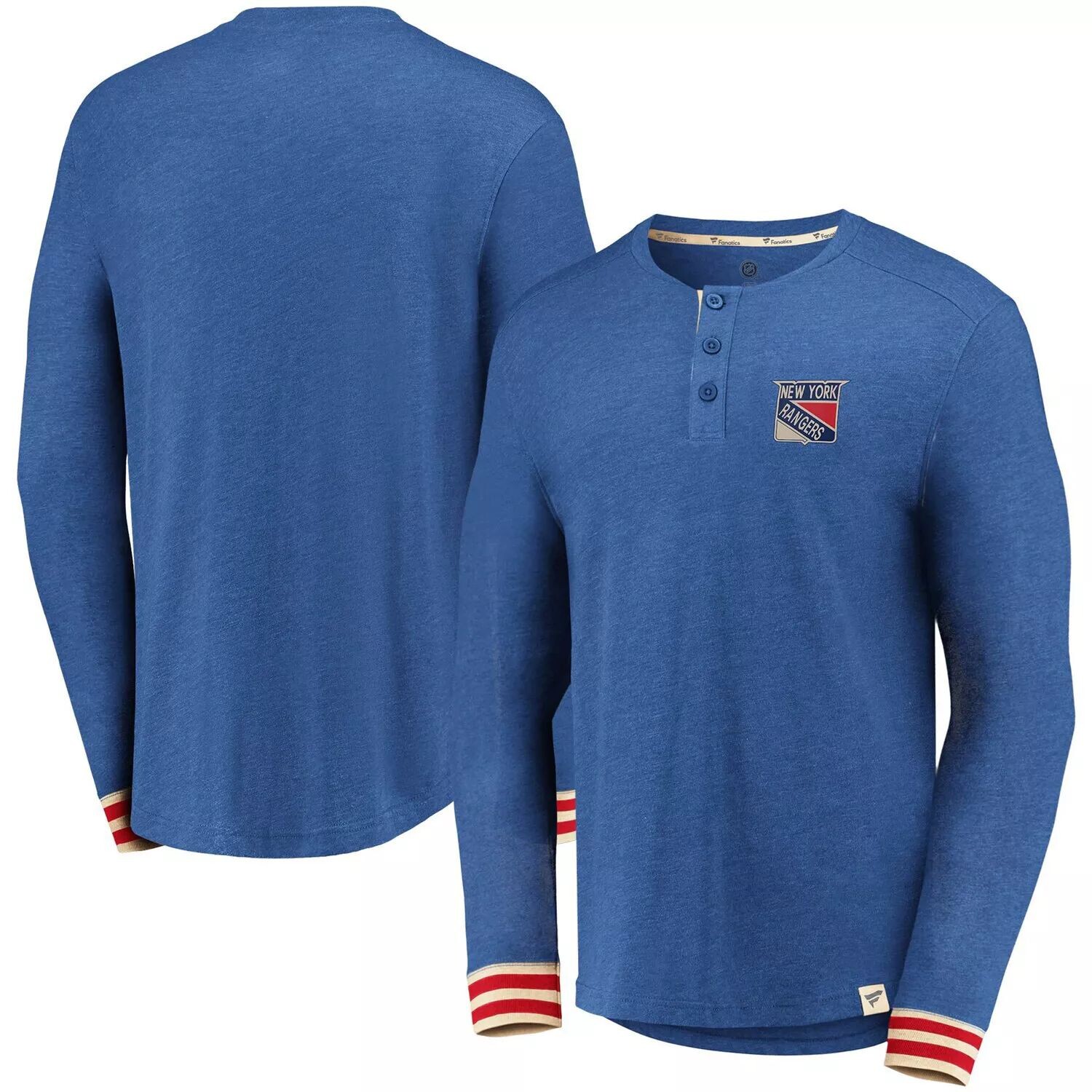 

Мужская футболка Fanatics с принтом Heathered Blue New York Rangers True Classics Henley с длинными рукавами