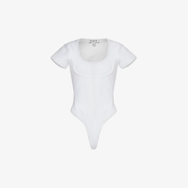 

Боди узкого кроя из хлопкового джерси с овальным вырезом Alaia, цвет blanc