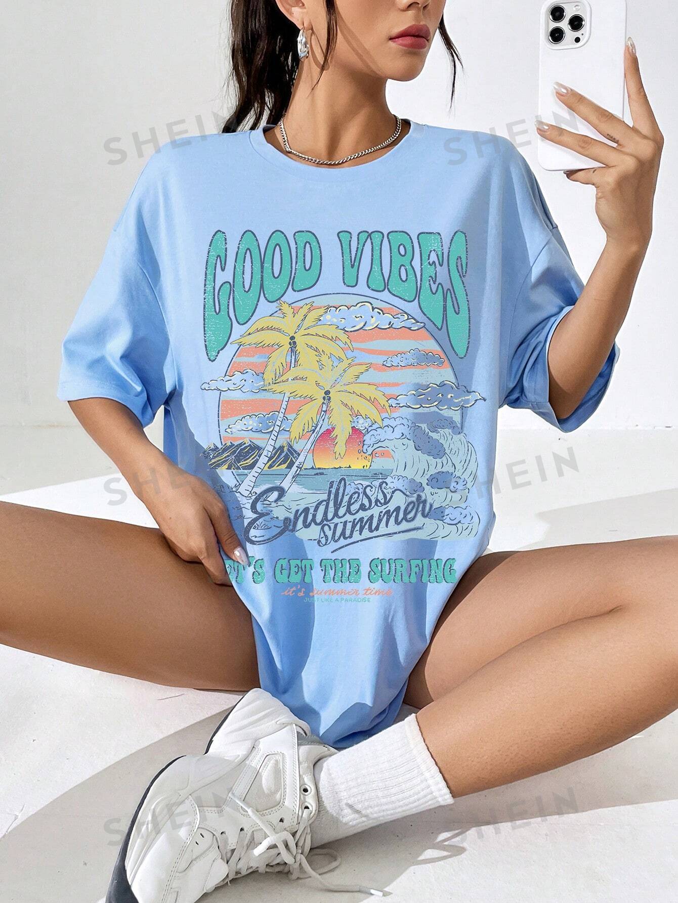 SHEIN EZwear женская футболка с коротким рукавом для отдыха и туристических достопримечательностей с принтом слогана для летних каникул, голубые