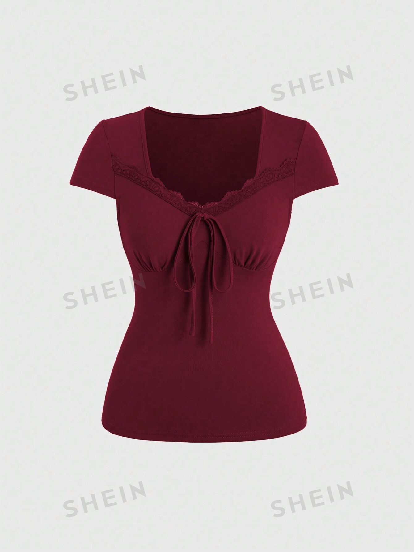 цена SHEIN Qutie Женская кружевная футболка в стиле пэчворк с цветочным принтом и вырезом в форме сердца, бургундия