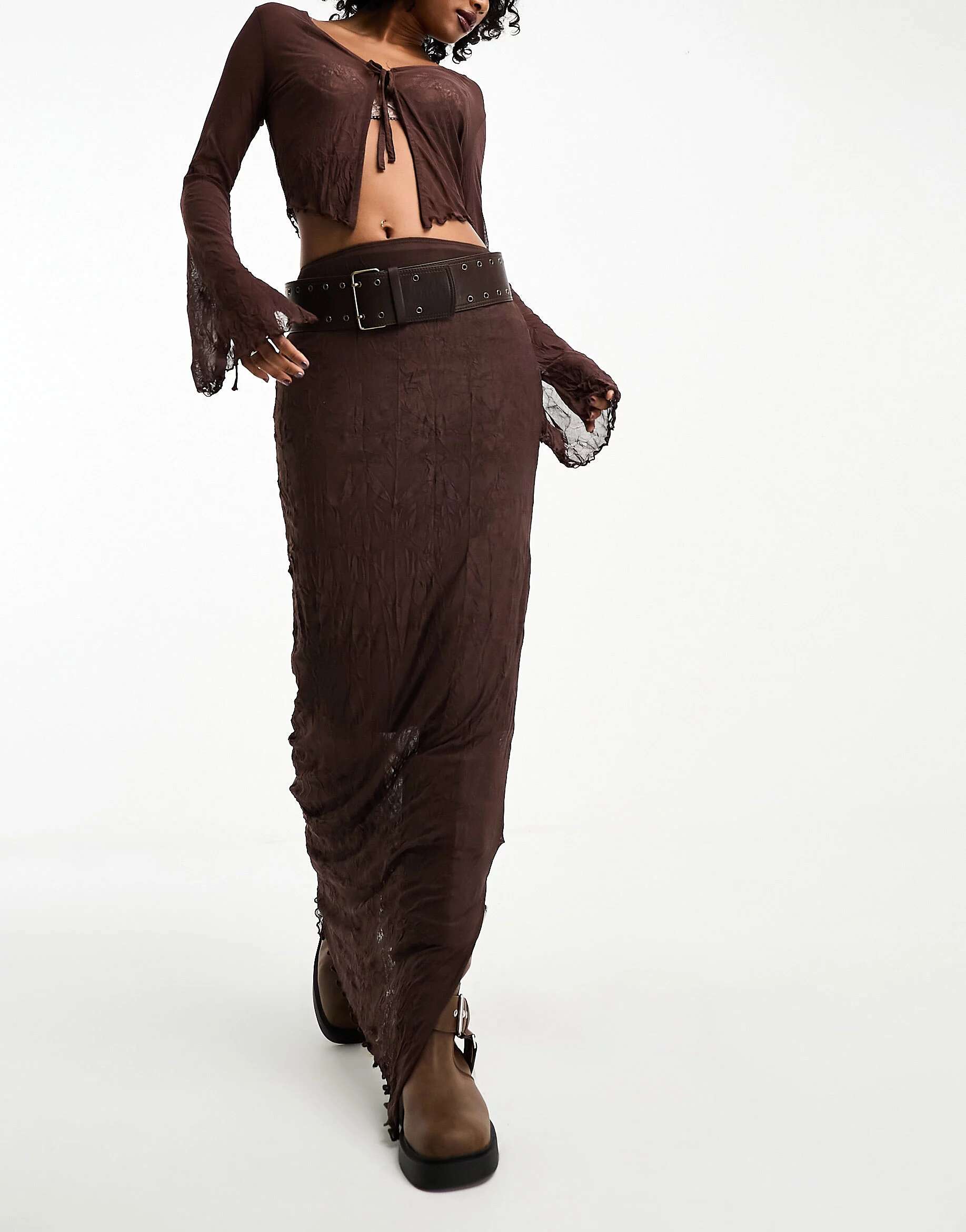 Шоколадная юбка макси с эффектом раздавленного тюля ASOS