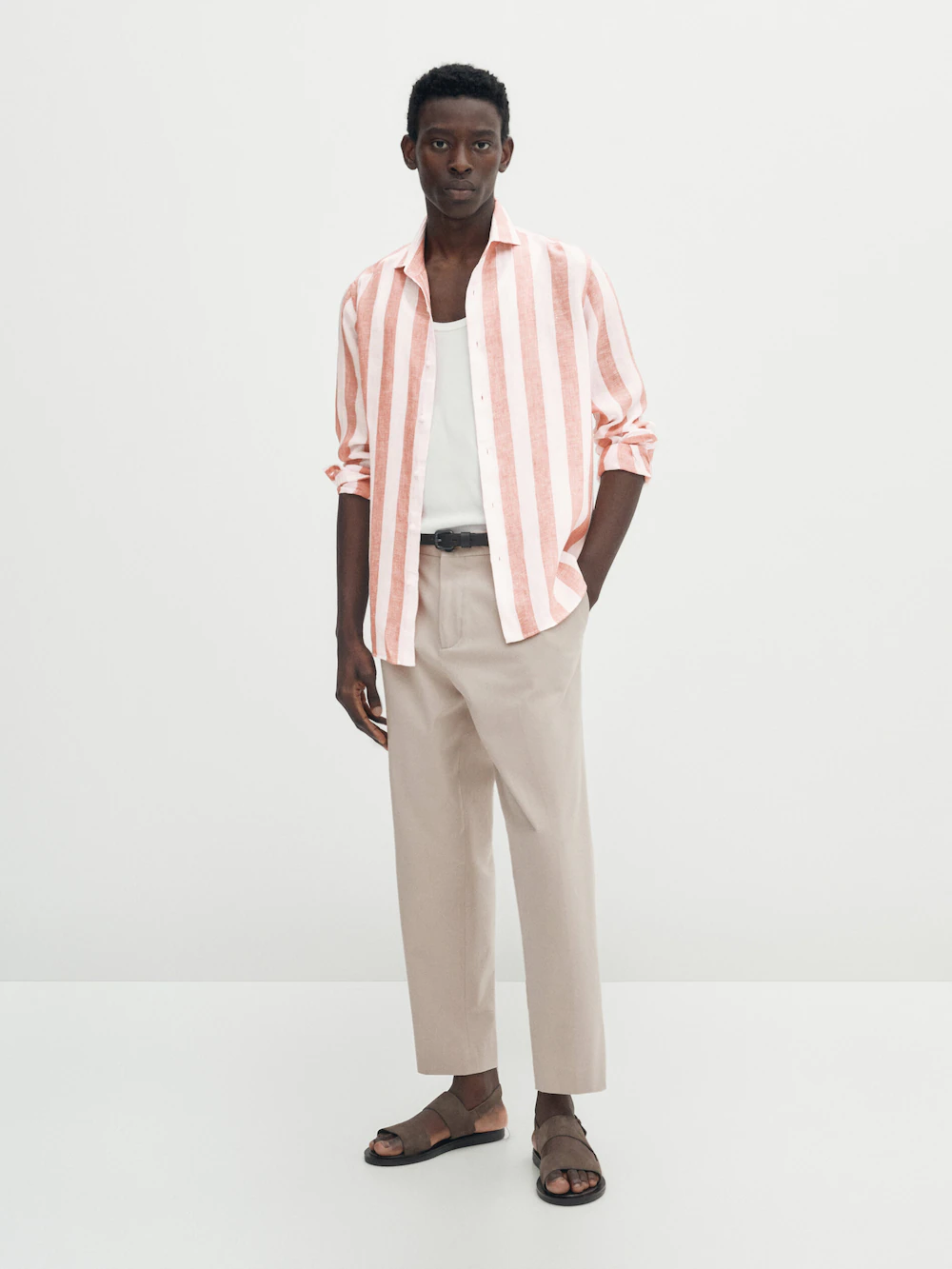 

Рубашка из льна облегающего кроя в широкую полоску melange Massimo Dutti