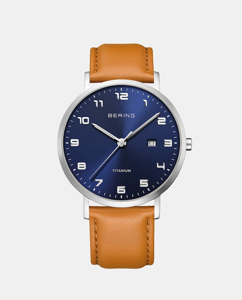 Титановые 18640-567 коричневые кожаные мужские часы Bering, коричневый