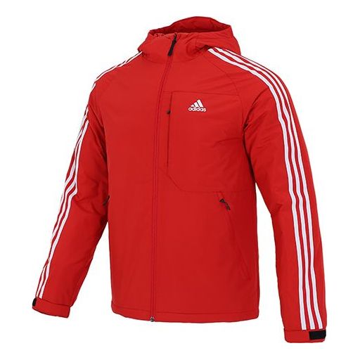 Пуховик adidas 3st Down Jkt Logo Printing Pocket Stripe hooded down Jacket Red, красный цена и фото