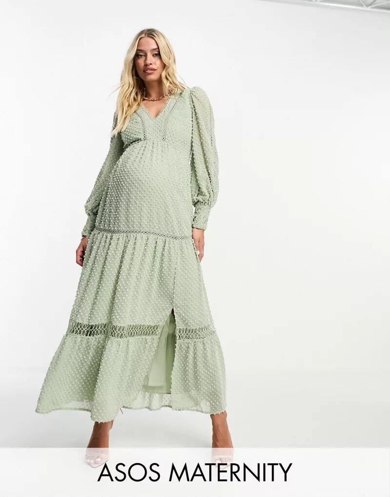 

Светло-шалфейное платье макси из узелкового кружева с ворсом ASOS DESIGN Maternity