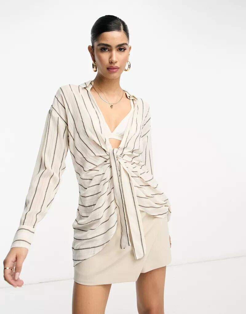 

Белая пляжная рубашка в полоску с галстуком River Island