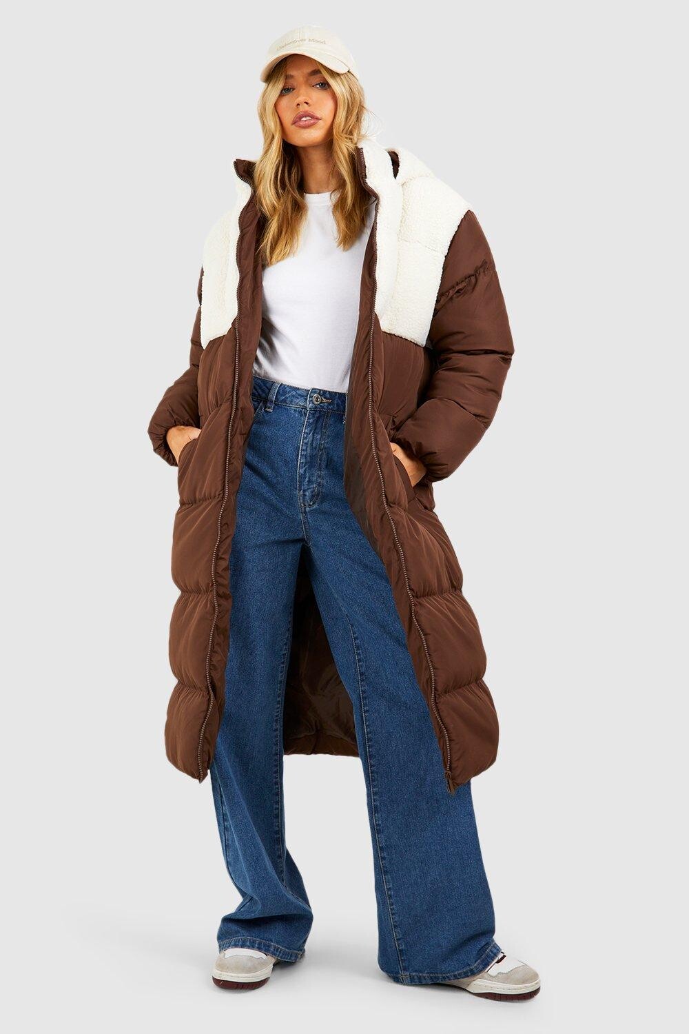 

Удлиненная куртка-пуховик со вставками Teddy boohoo, коричневый